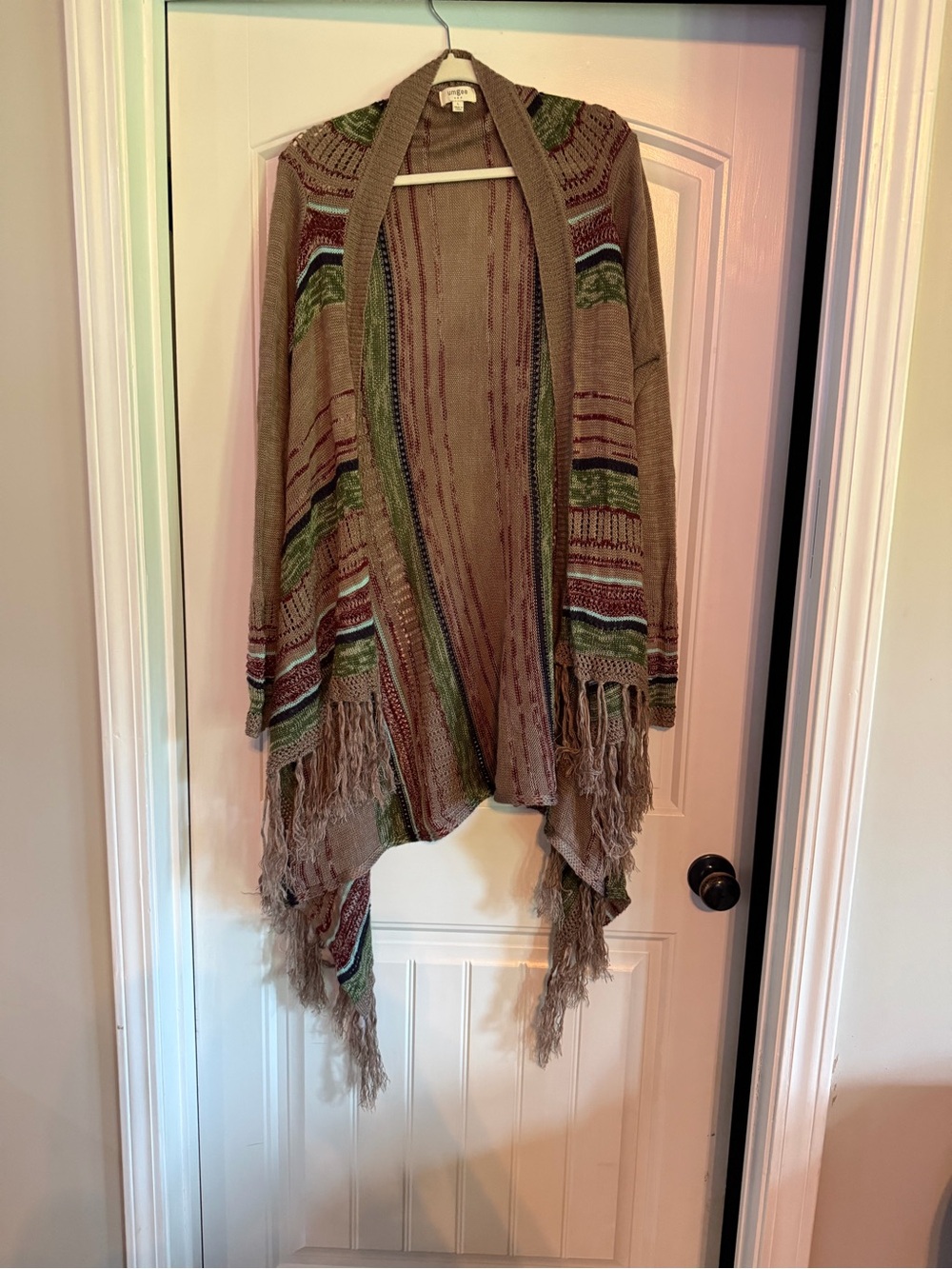 Umgee Taupe Knit Cardigan with Red Stripe Details